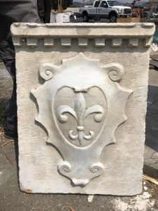 Italian Carrera Marble Fleur de Lis coat of arms, antiqued 26" Ht Hand sculpted by famed artisan Emiliano