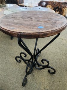 wood top table, round, with wrought iron legs. Also available with copper top