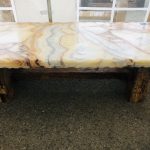 Onyx table in ochre and cream, 5' length, wooden legs