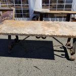 Travertine table, 7' x 36" with wrought iron base