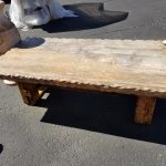 Travertine coffee table with hammered edge, wood base shown here, also available with wrought iron base