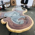 Parota wood table with glass inlay