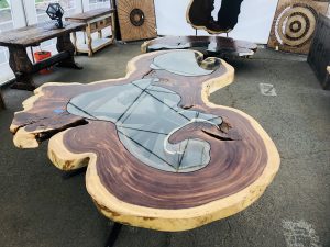 Parota wood table with glass inlay