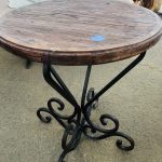 wood top table, round, with wrought iron legs. Also available with copper top