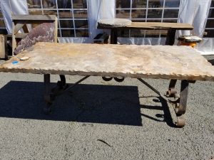 Travertine table, 7' x 36" with wrought iron base